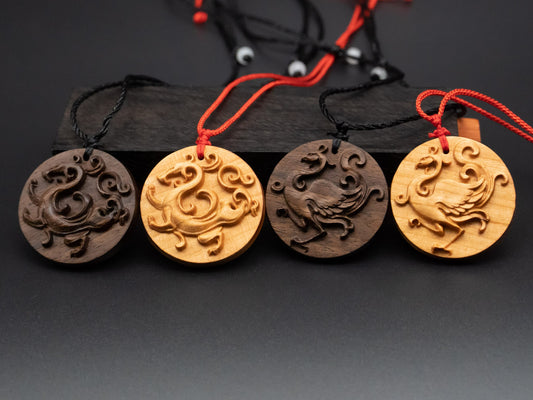 couple necklace,wooden dragon and phoenix,wood pendant,Carve dragon and Phoenix ,dragon necklace,wood carving,carve wooden pendant