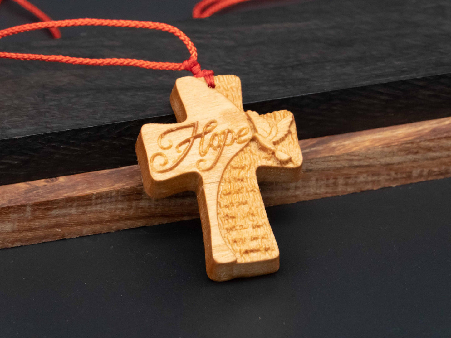Christian Necklace, Religious Jewelry Gift,Cross Necklace,wood carving,cross with hope,Christian Necklace, Cross Pendant, wooden cross,