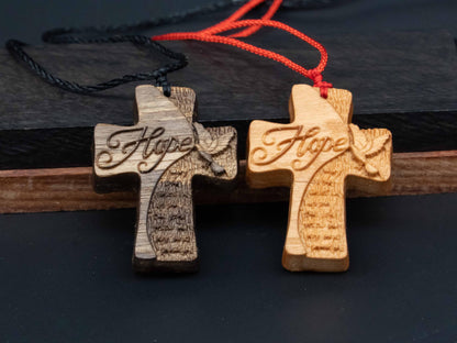 Christian Necklace, Religious Jewelry Gift,Cross Necklace,wood carving,cross with hope,Christian Necklace, Cross Pendant, wooden cross,