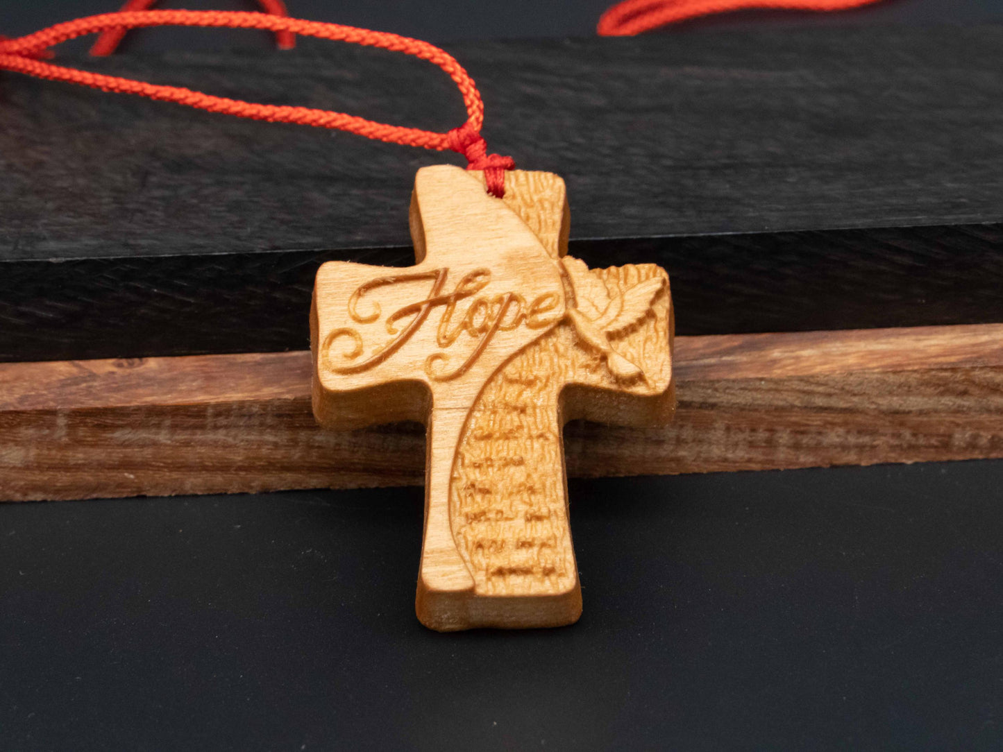 Christian Necklace, Religious Jewelry Gift,Cross Necklace,wood carving,cross with hope,Christian Necklace, Cross Pendant, wooden cross,