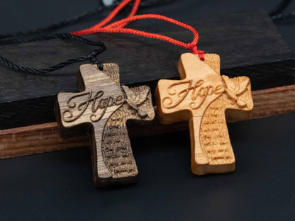 Christian Necklace, Religious Jewelry Gift,Cross Necklace,wood carving,cross with hope,Christian Necklace, Cross Pendant, wooden cross,