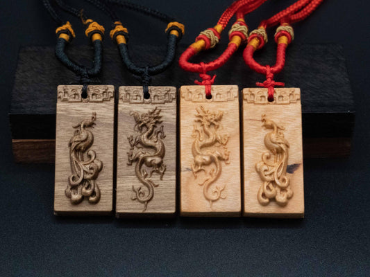 couple necklace,wooden dragon and phoenix pendant,wood pendant,Carve dragon and Phoenix ,dragon necklace,wood carving,carve wooden pendant